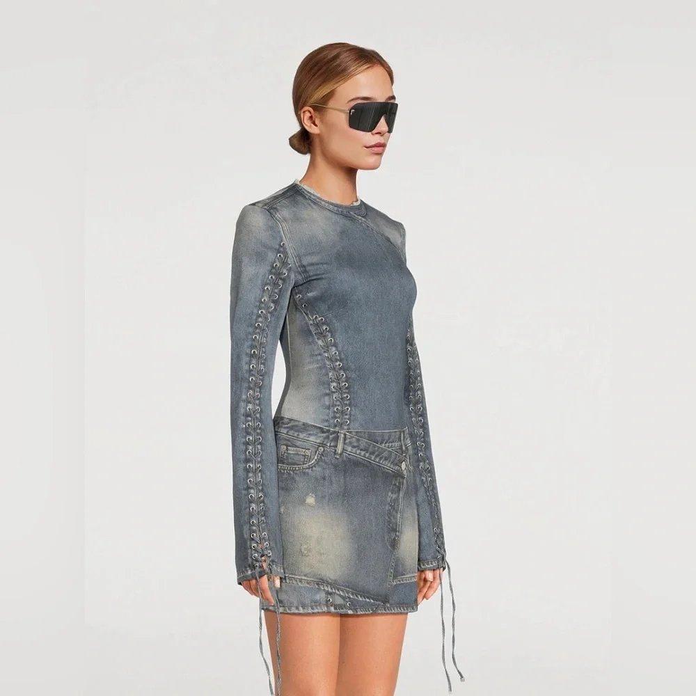 Edgy Denim-Look Dress Casual Party Mini - Picture 7 of 7